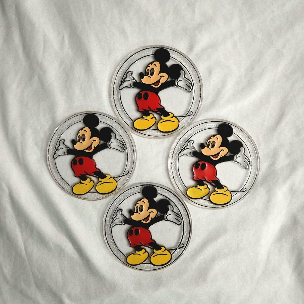 Disney Mickey Mouse Clear Coasters Set of 4 Round Plastic Acrylic Vintage Retro